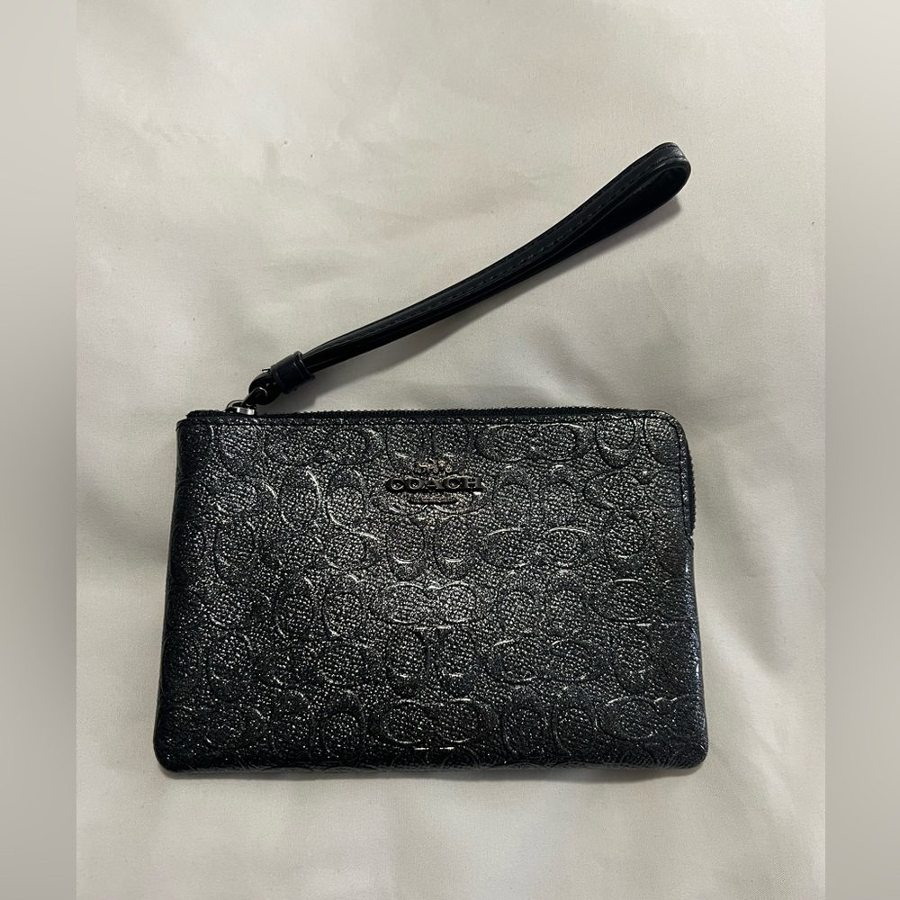 Coach Black Iridescent Wristlet with Embossed Pattern
